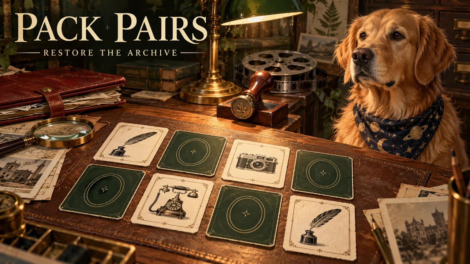 A natural golden retriever in a planet-pattern bandana inspects matching artifact cards at an archive desk.